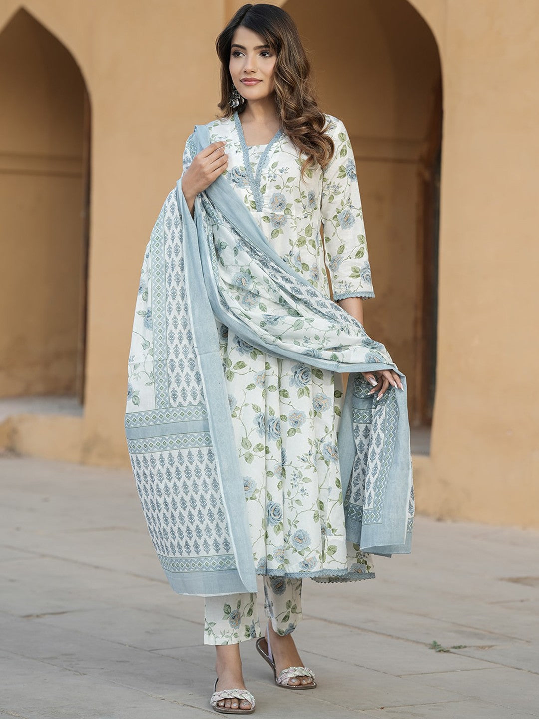 Floral Printed V-Neck Thread Work Pure Cotton Empire Kurta with Trousers & Dupatta