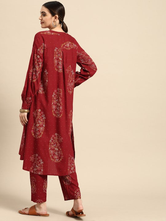 Women Paisley Printed Pleated High-Low Kurta with Trousers