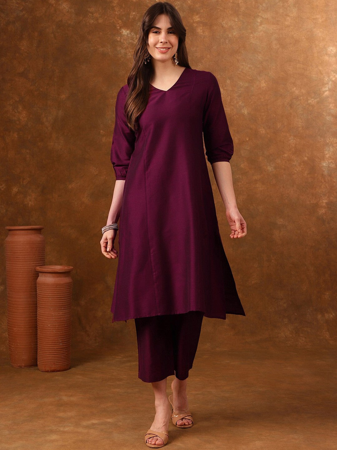 V-Neck Three-Quarter Sleeves Panelled Kurta with Palazzos