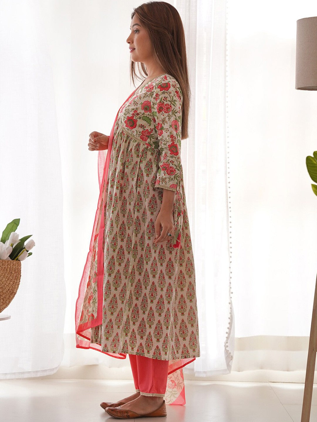 Floral Printed Thread Work Pure Cotton Empire Kurta With Trousers & Dupatta