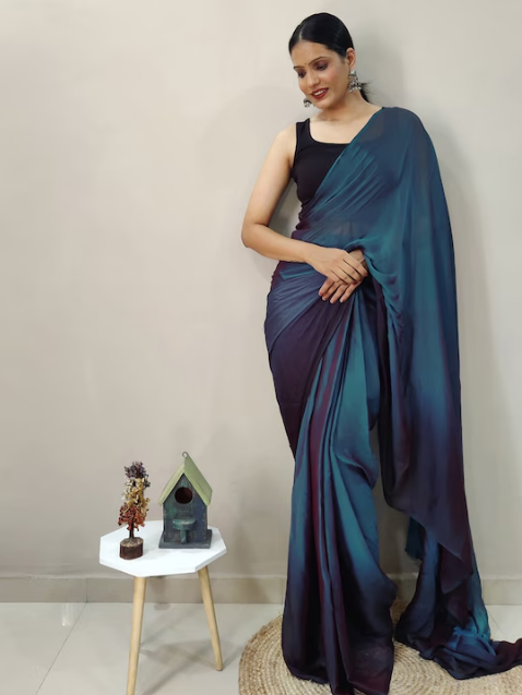 Blue Ombre Dyed Ready To Wear Saree