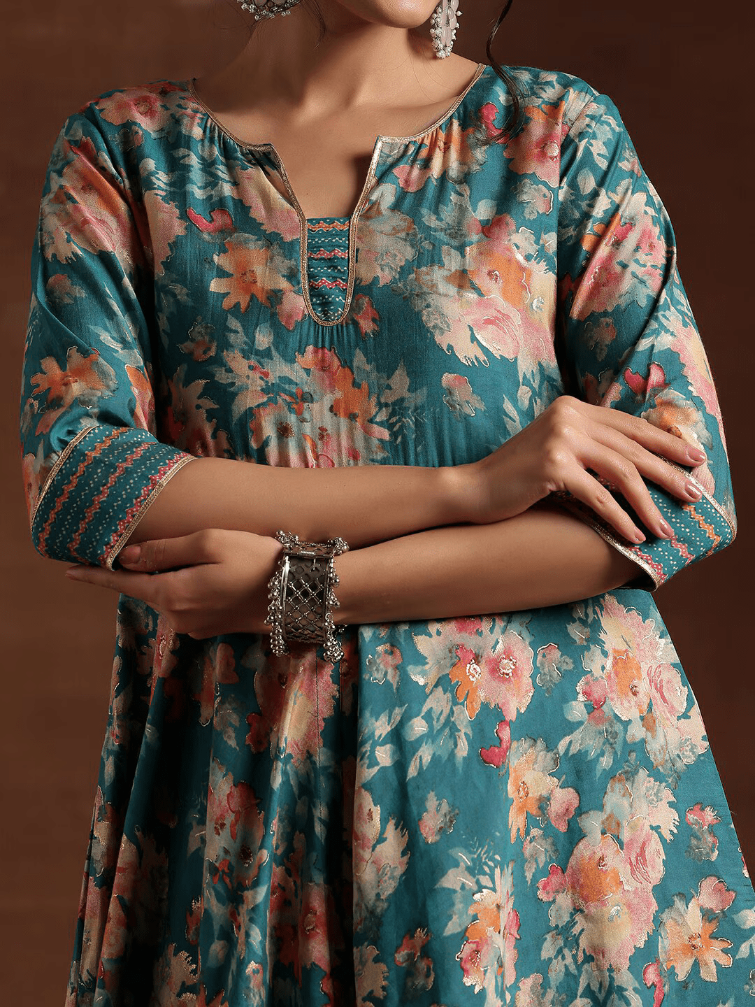 Floral Printed Empire Gotta Patti Kurta with Trousers & With Dupatta