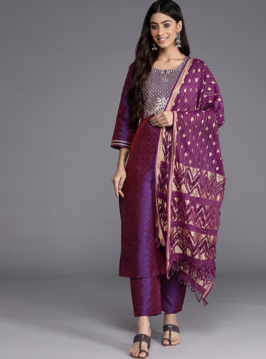 Women Purple & Gold-Toned Ethnic Motifs Embroidered Gotta Patti Kurta with Trousers & Dupatta