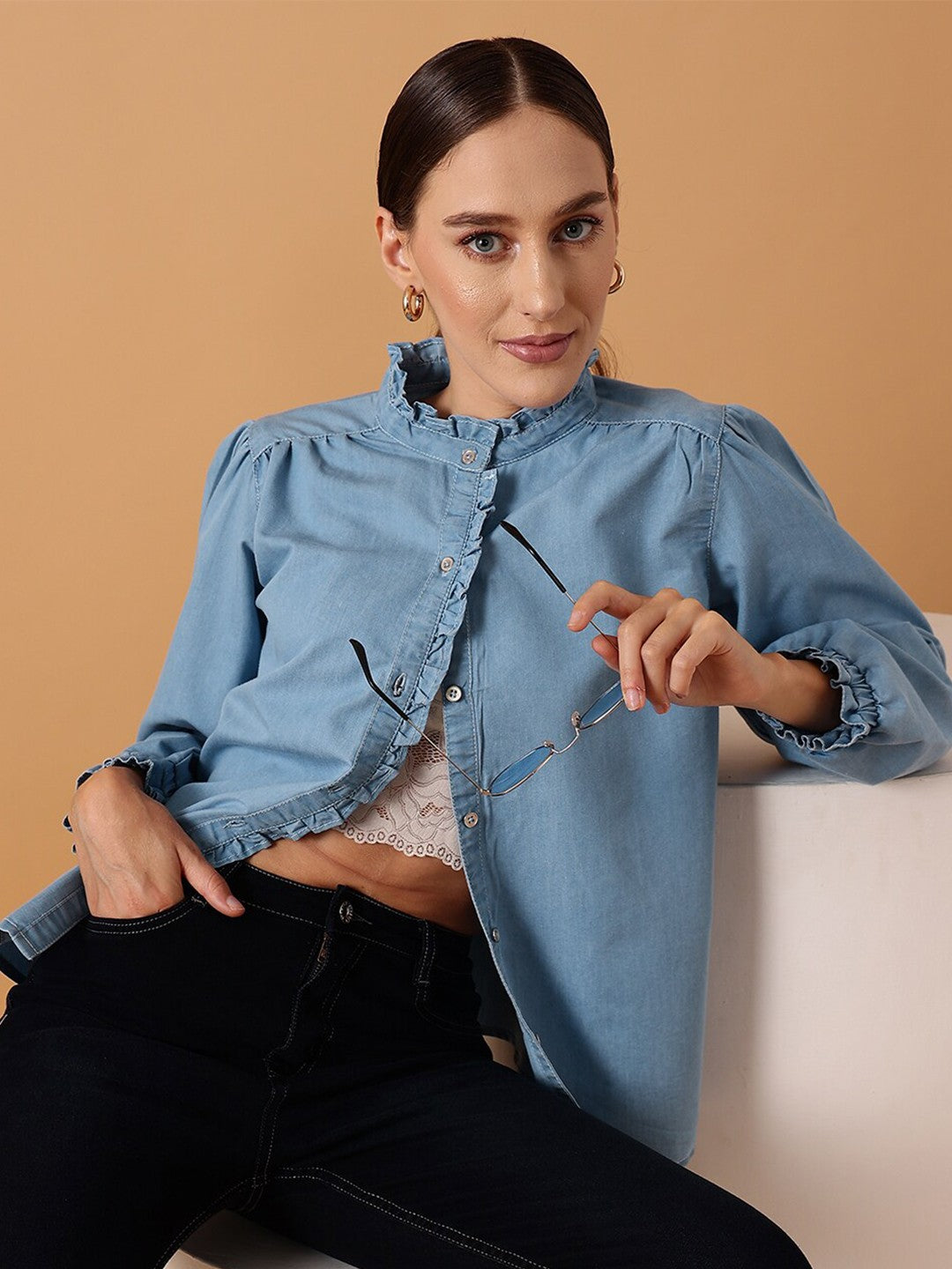 Comfort Denim Cotton Puff Sleeves Casual Shirt