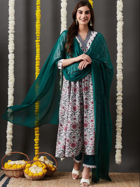 Floral Printed V-Neck Empire Anarkali Kurta & Trouser With Dupatta