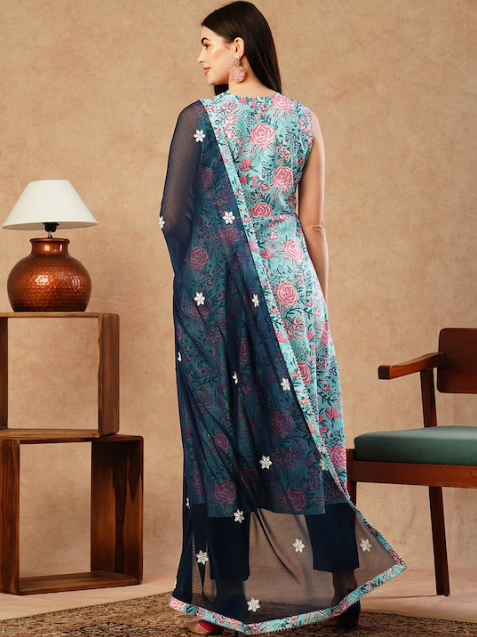 Floral Printed Regular Gotta Patti Anarkali Kurta With Trousers & Dupatta