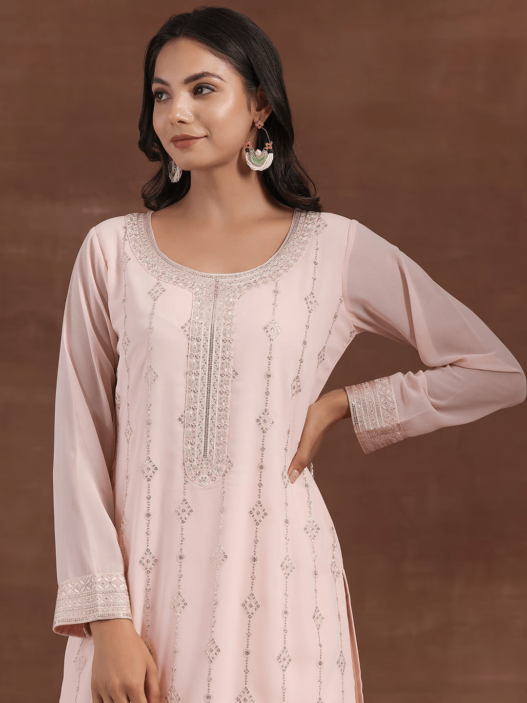 Ethnic Motifs Embroidered Sequinned Georgette Kurta with Palazzos & With Dupatta