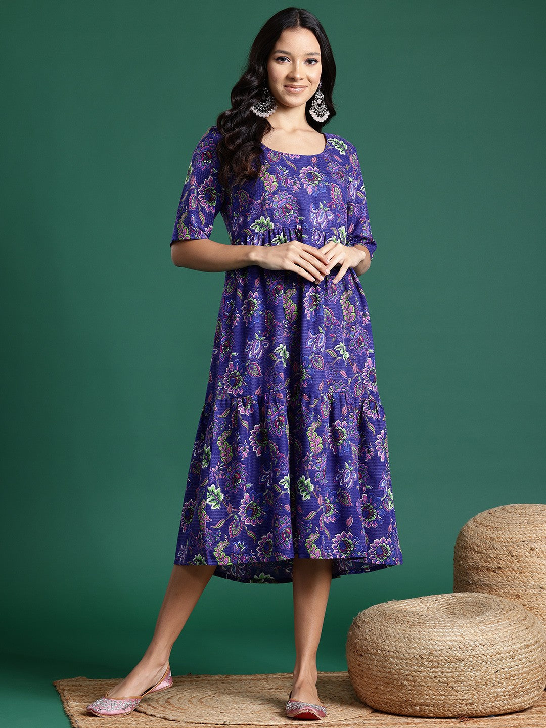 Floral Print Tiered Midi Ethnic Dress