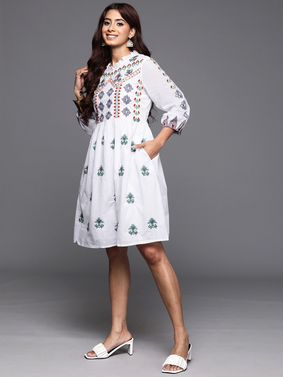 Ethnic Motifs High Neck Embroidered Puff Sleeves A-Line Dress