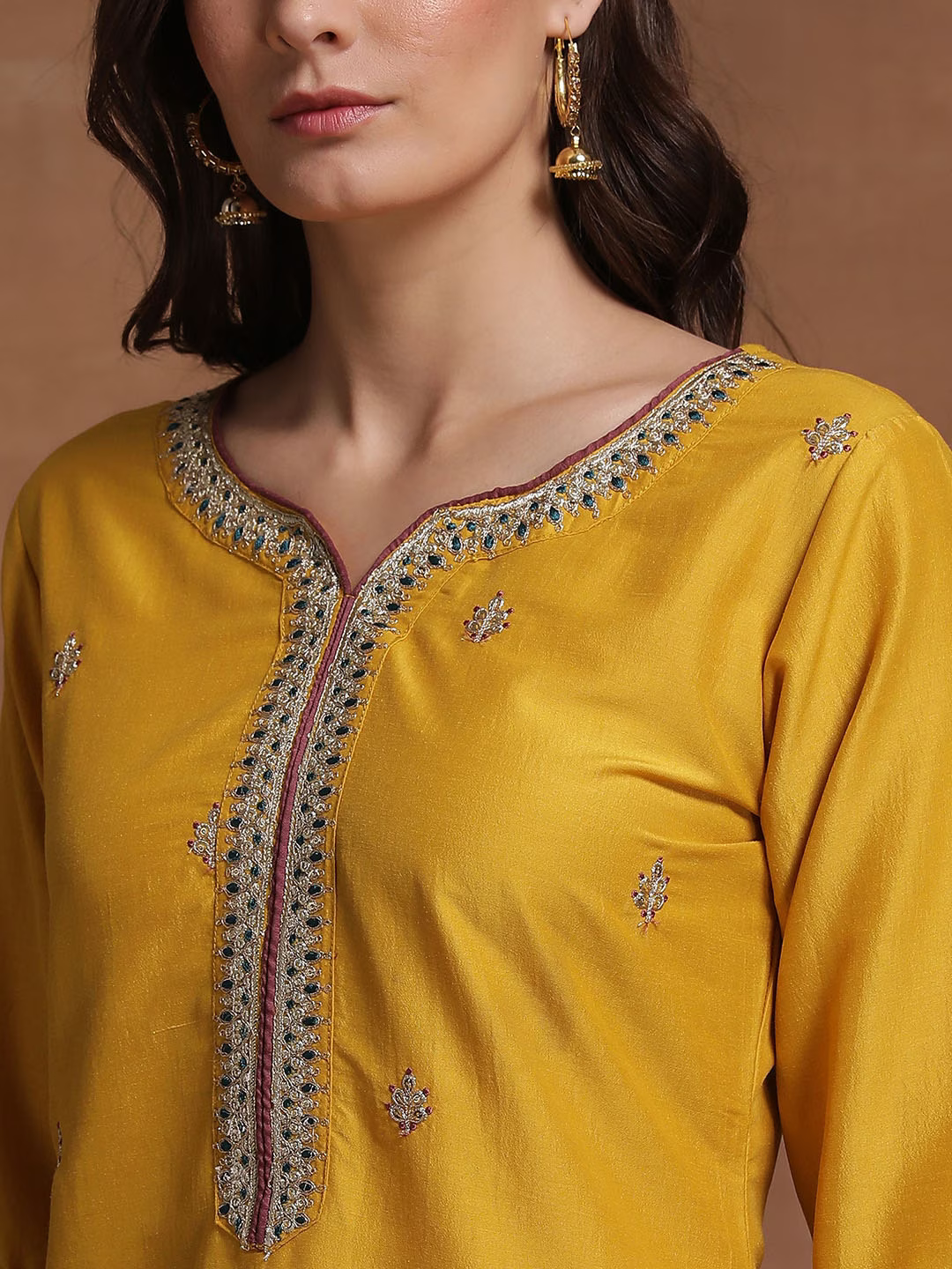 Yellow Floral Embroidered Sequinned Straight Kurta & Trousers With Dupatta