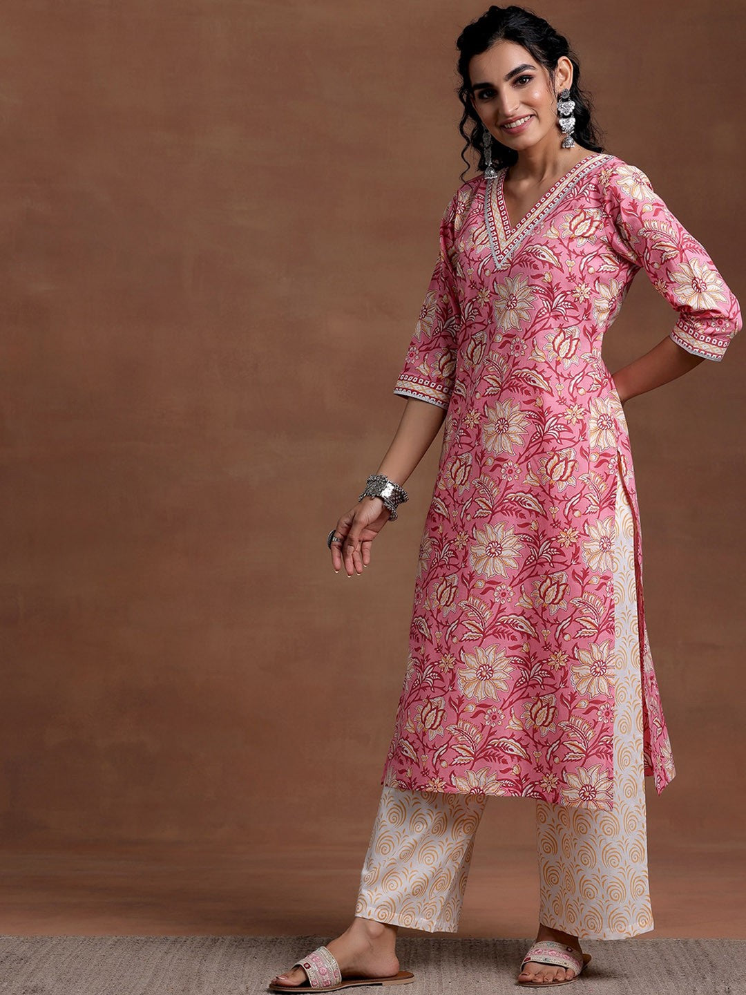 V Neck Floral Printed Gotta Patti Pure Cotton Straight Kurta with Palazzo & Dupatta