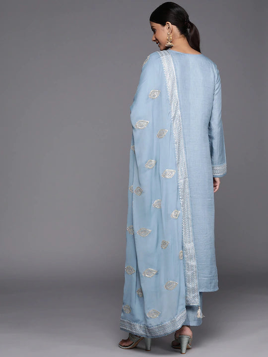 Women Blue Ethnic Motifs Yoke Design Sequinned Kurta Set
