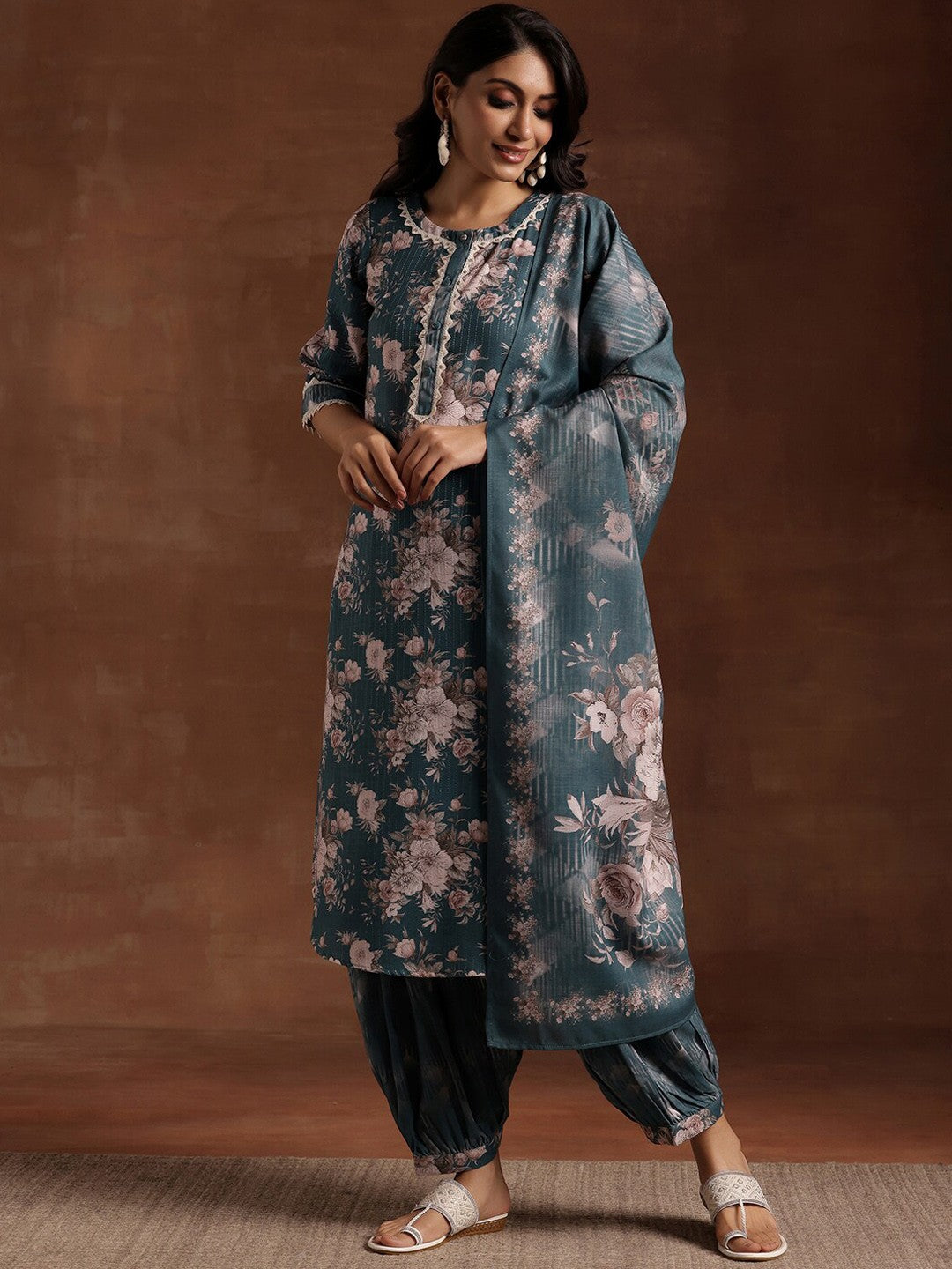 Floral Printed Regular Gotta Patti Pure Cotton Kurta with Salwar & With Dupatta