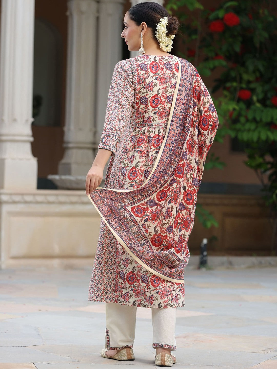 Floral Printed Sequinned Pure Cotton Kurta & Trousers With Dupatta