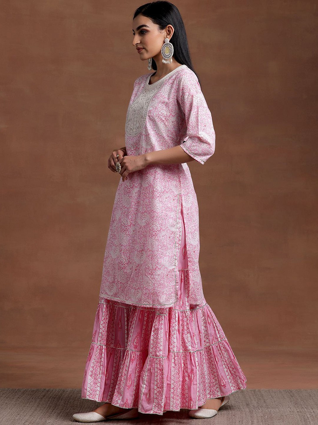 Round Neck Floral Yoke Design Gotta Patti Pure Cotton Kurta with Sharara & Dupatta