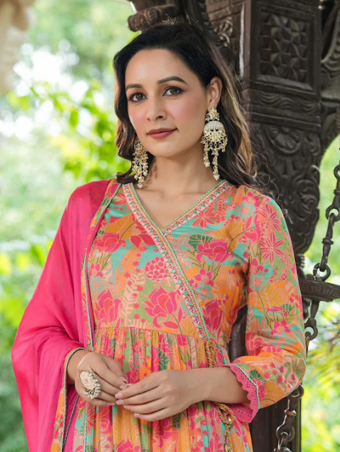 Floral Printed V Neck Angrakha Anarkali Kurta With Trousers & Dupatta