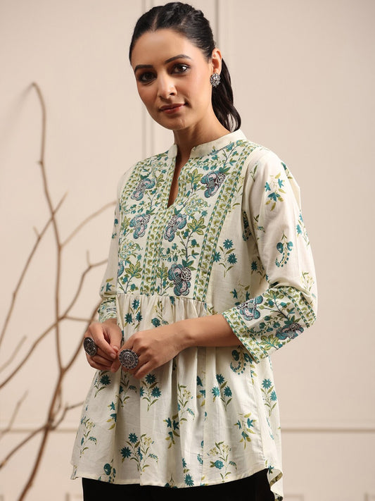 Floral Printed Mandarin Collar Pure Cotton A-Line kurti