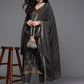 Women Charcoal Grey & Mustard Yellow Ethnic Zari Straight Kurta Trousers Dupatta