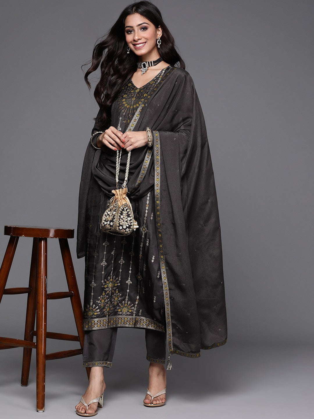 Women Charcoal Grey & Mustard Yellow Ethnic Zari Straight Kurta Trousers Dupatta