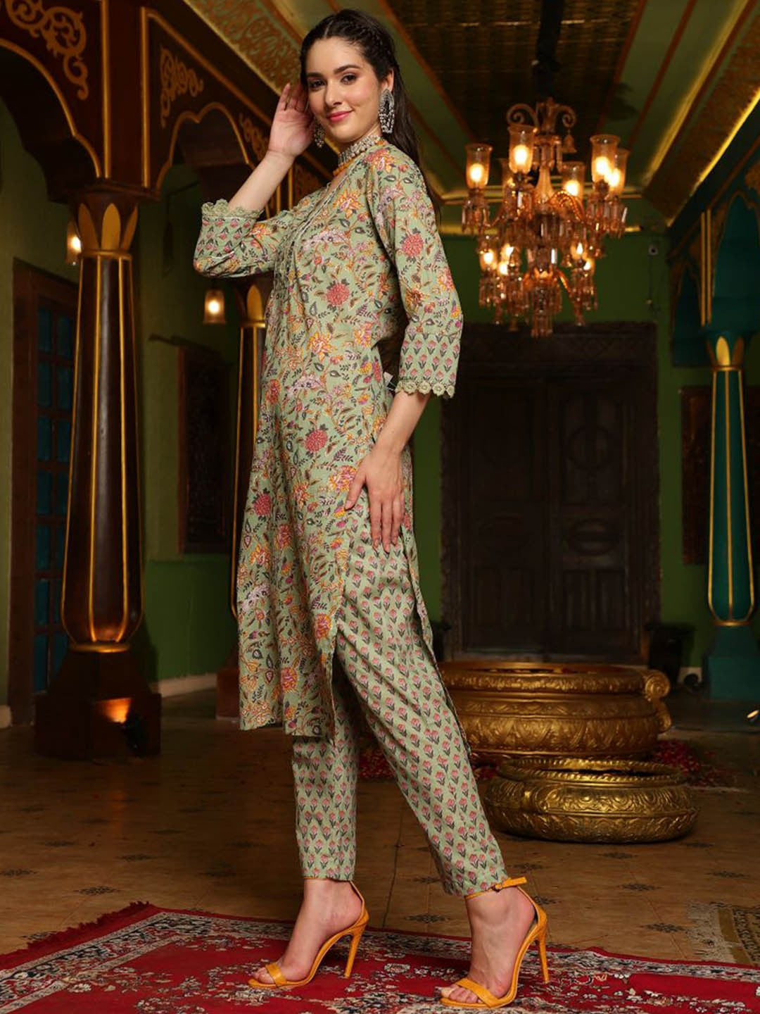 Floral Printed Pure Cotton Straight Kurta With Trouser & Dupatta