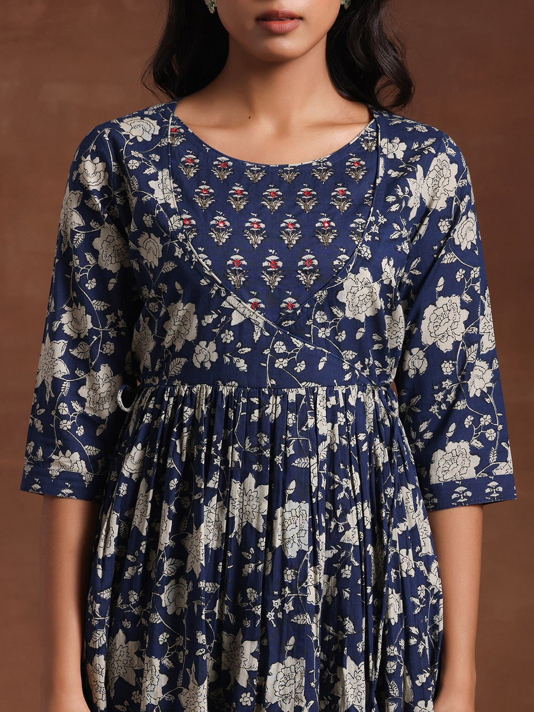 Floral Printed Pleated Round Neck Three-Quarter Sleeves Pure Cotton Kurta Set