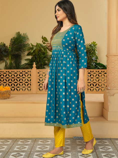 Ethnic Motifs Printed Thread Work A-Line Kurta with Trousers And Dupatta