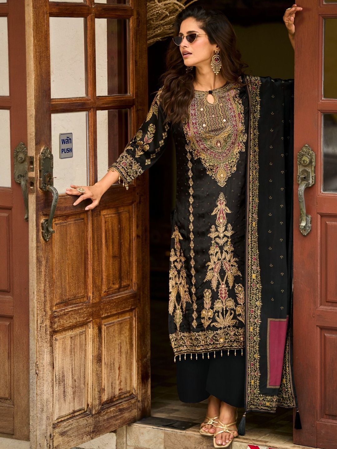 Ethnic Motifs Printed Pure Silk Straight Kurta With Trousers & Dupatta