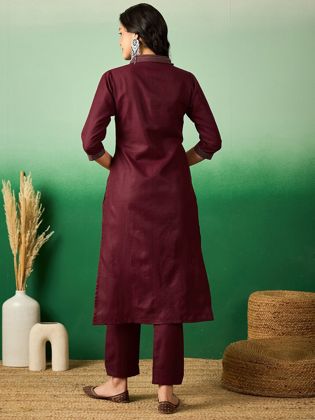 Maroon V-Neck Thread Work Straight Kurta With Trouser