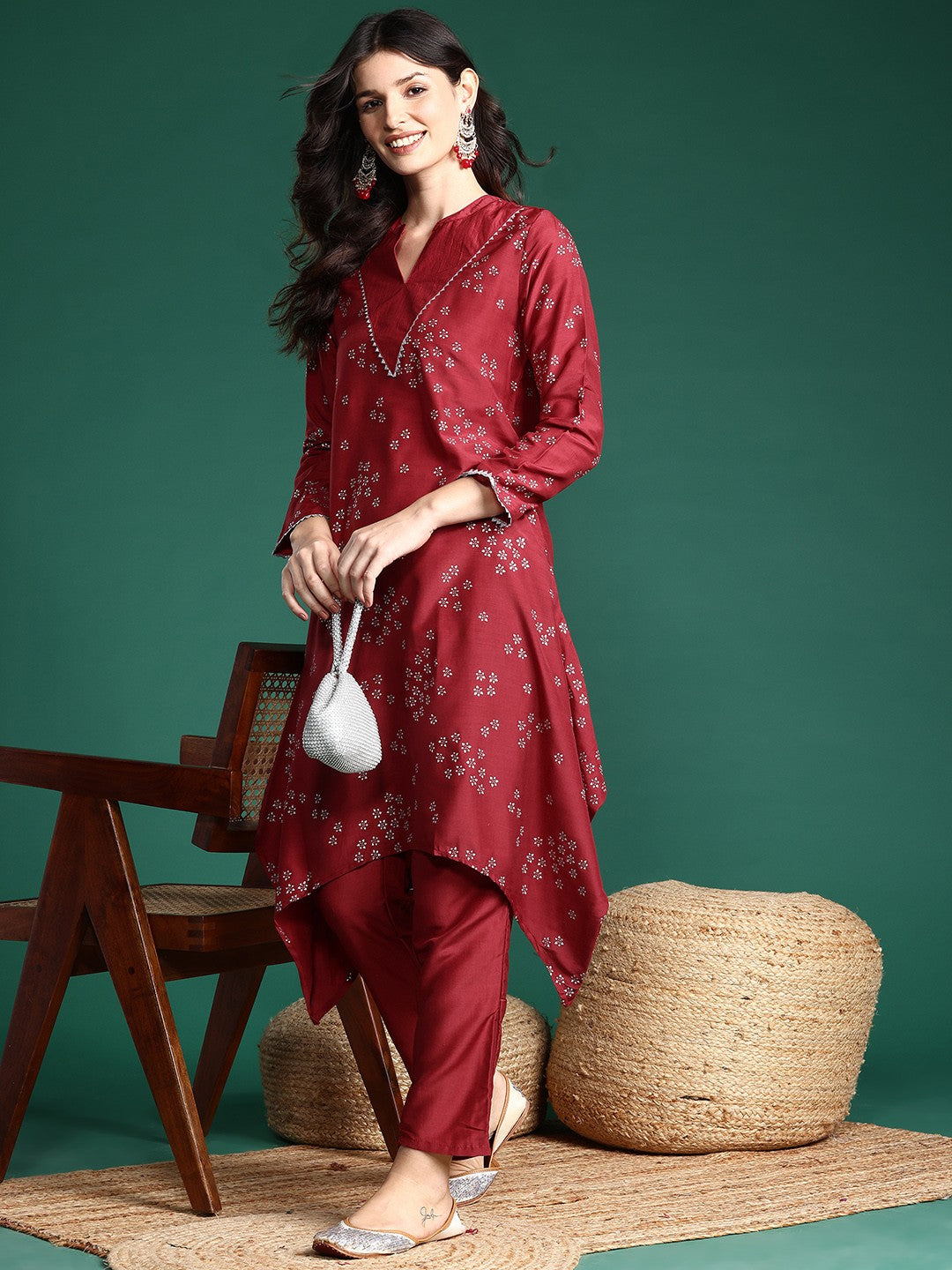 Foil Printed Ethnic Motifs Printed Gotta Patti Asymmetric Kurta with Trousers