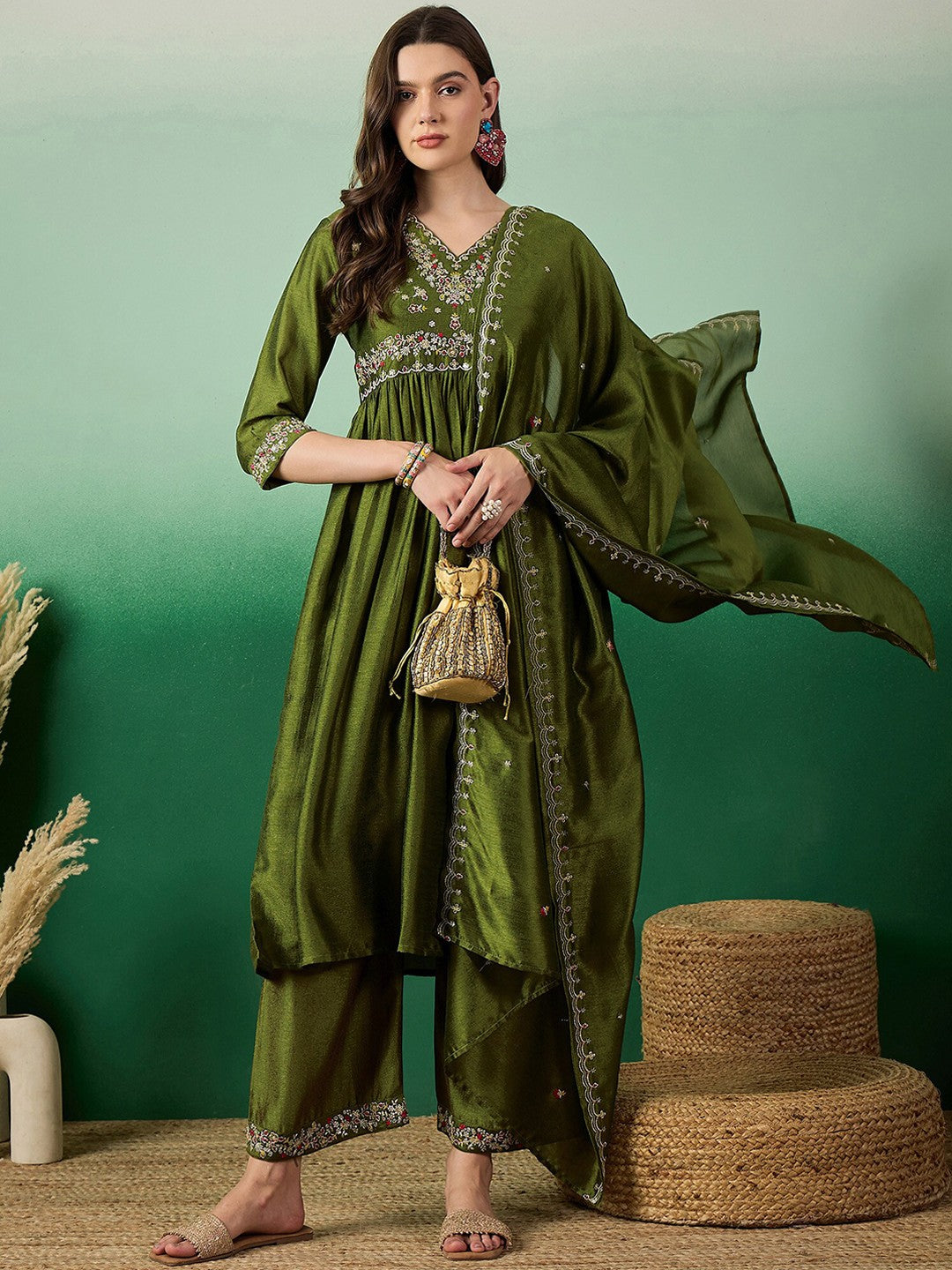 Floral Embroidered A-Line Kurta With Palazzo & Dupatta