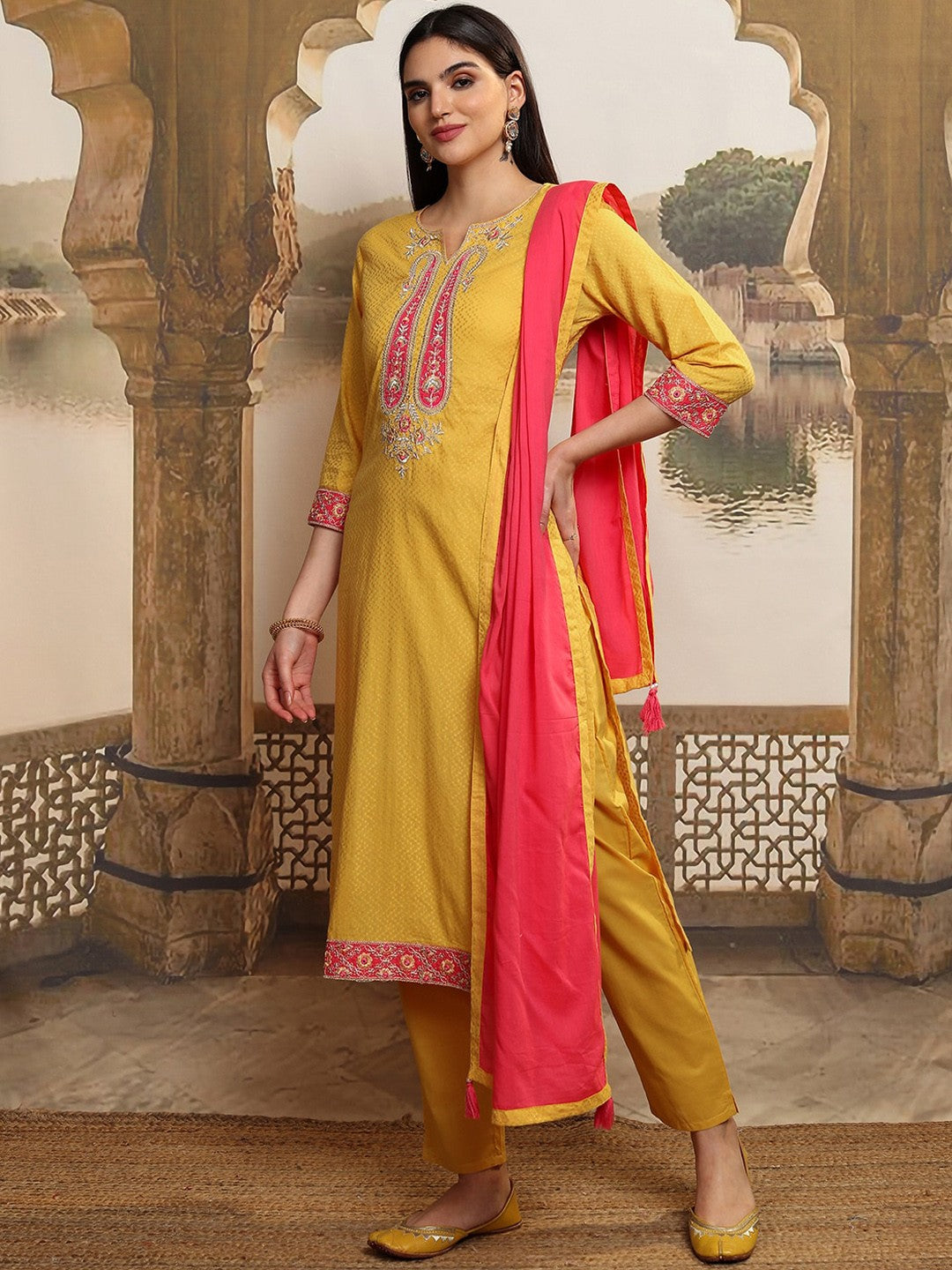 Women Floral Embroidered Regular Pure Cotton Kurta with Trousers & With Dupatta