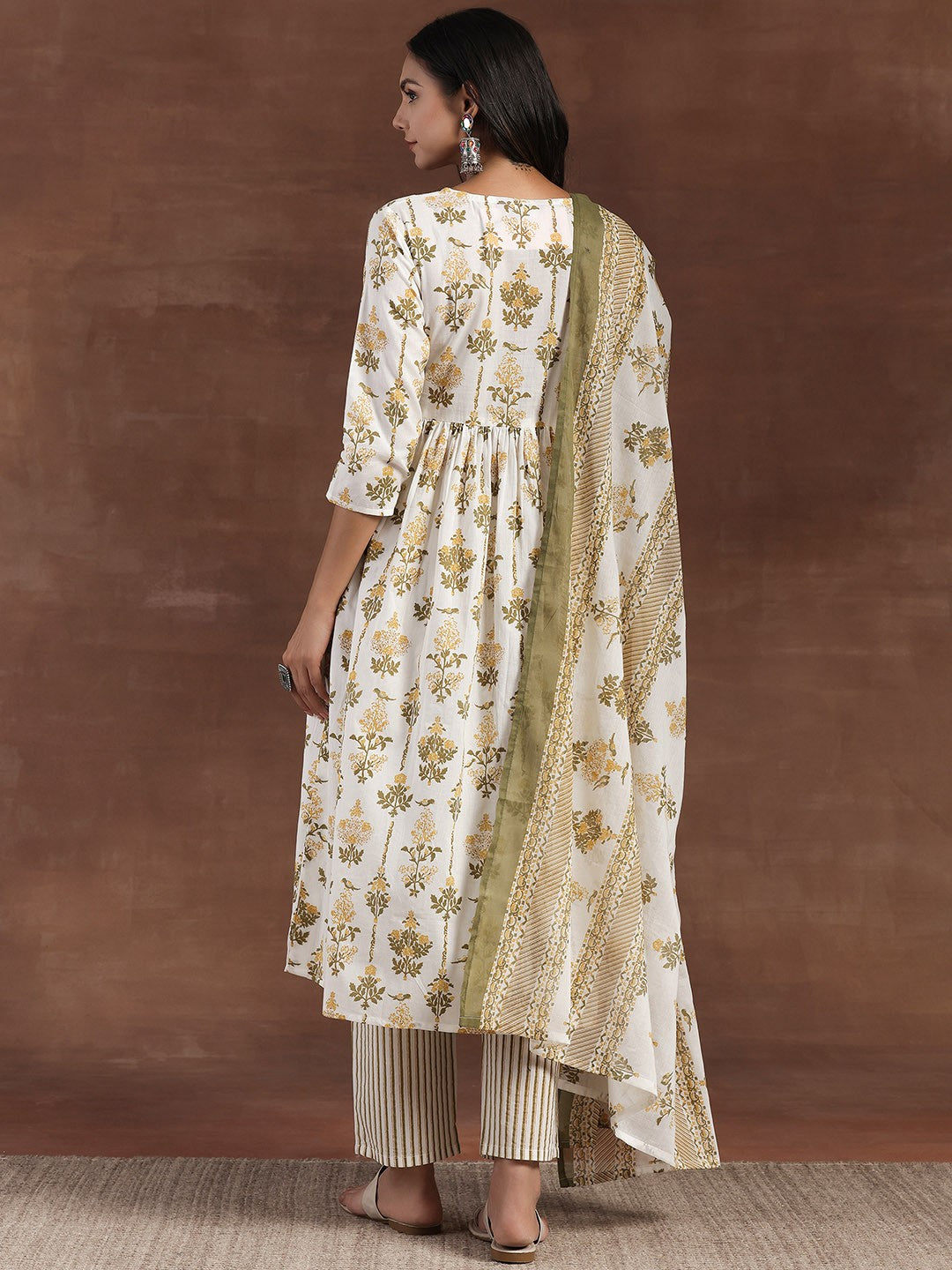 Floral Print Panelled Mirror Work Pure Cotton Anarkali Kurta with Trousers & Dupatta