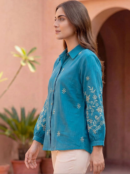 Women Shirt Collar Embroidered Ethnic Tunic