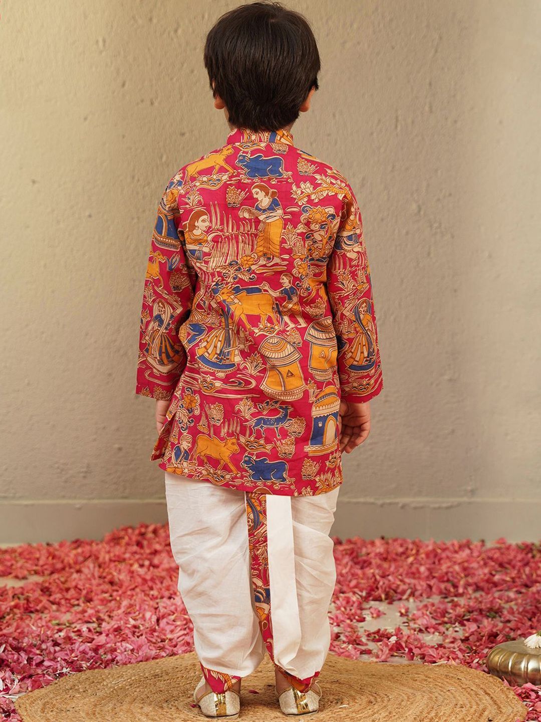Boys Pink Ethnic Motifs Printed Pure Cotton Kurta With Dhoti Pants Set