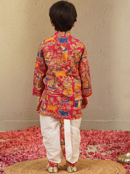 Boys Pink Ethnic Motifs Printed Pure Cotton Kurta With Dhoti Pants Set