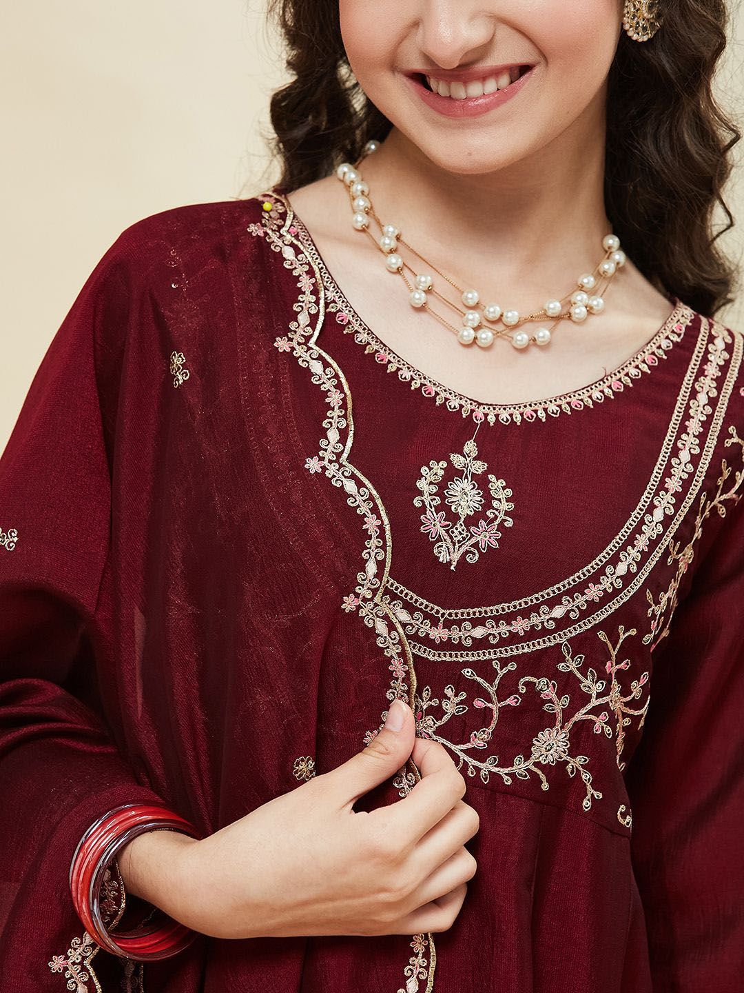 Girls Silk Embroidered Anarkali Kurta and Pant Set with Dupatta