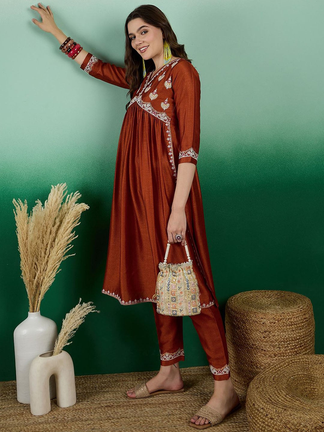 Rust Embroidered High Slit A-Line Kurta With Trouser