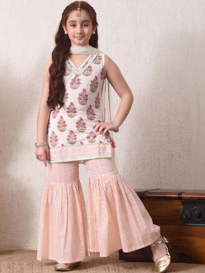 Girls Printed Pure Cotton Round Neck Kurta & Sharara With Dupatta