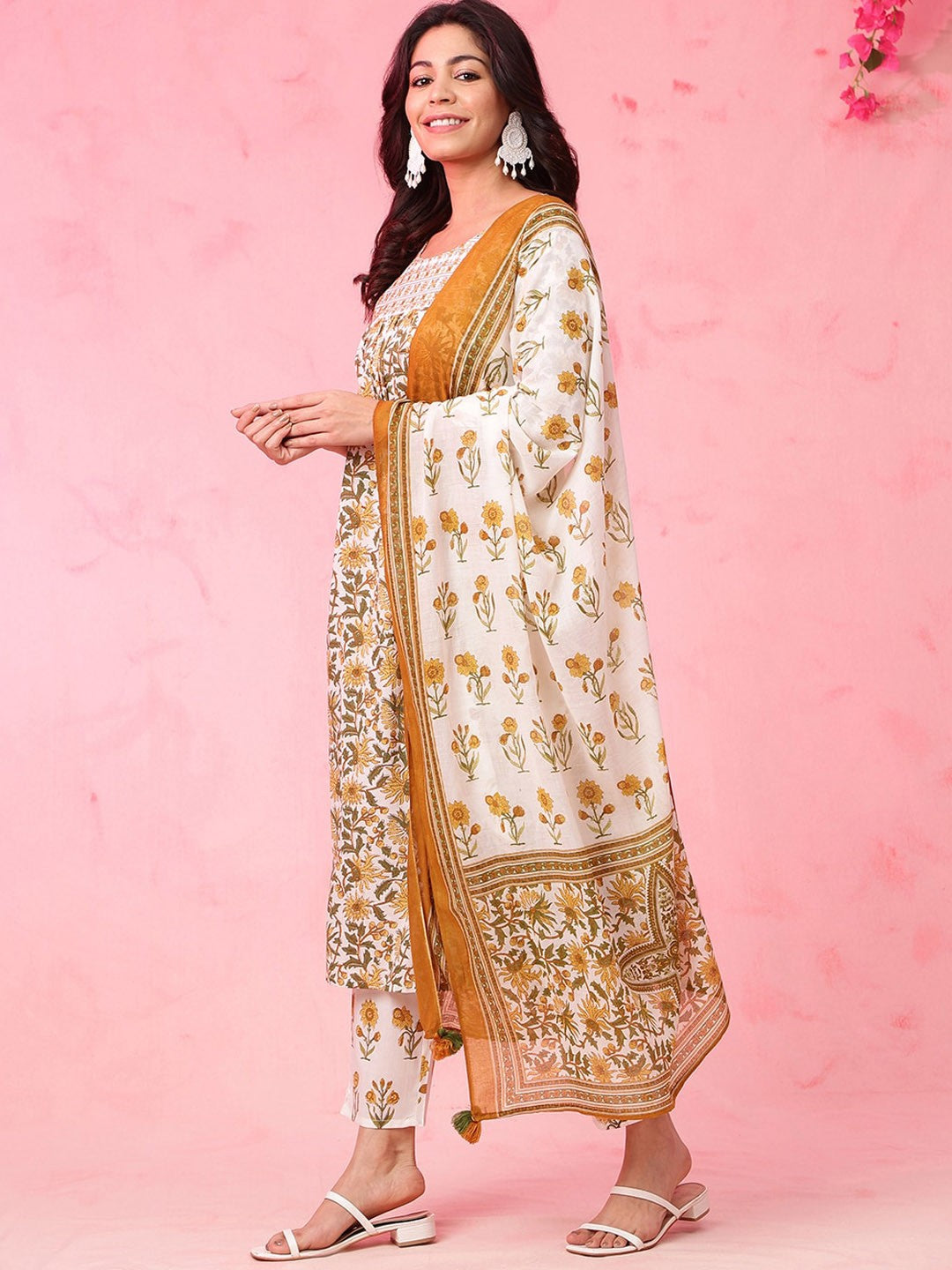 Women Ethnic Motifs Embroidered Empire Pure Cotton Kurta with Trousers & With Dupatta