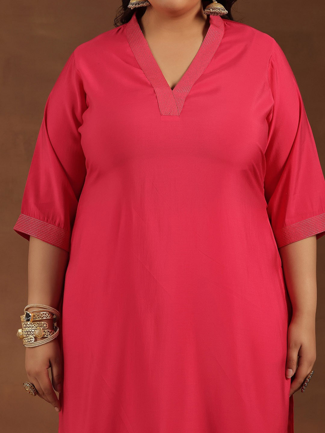 Plus Size V-Neck Regular Straight Kurta With Palazzos & Dupatta