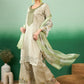 Green Striped Beads & Stones Organza Straight Kurta & Palazzos With Dupatta