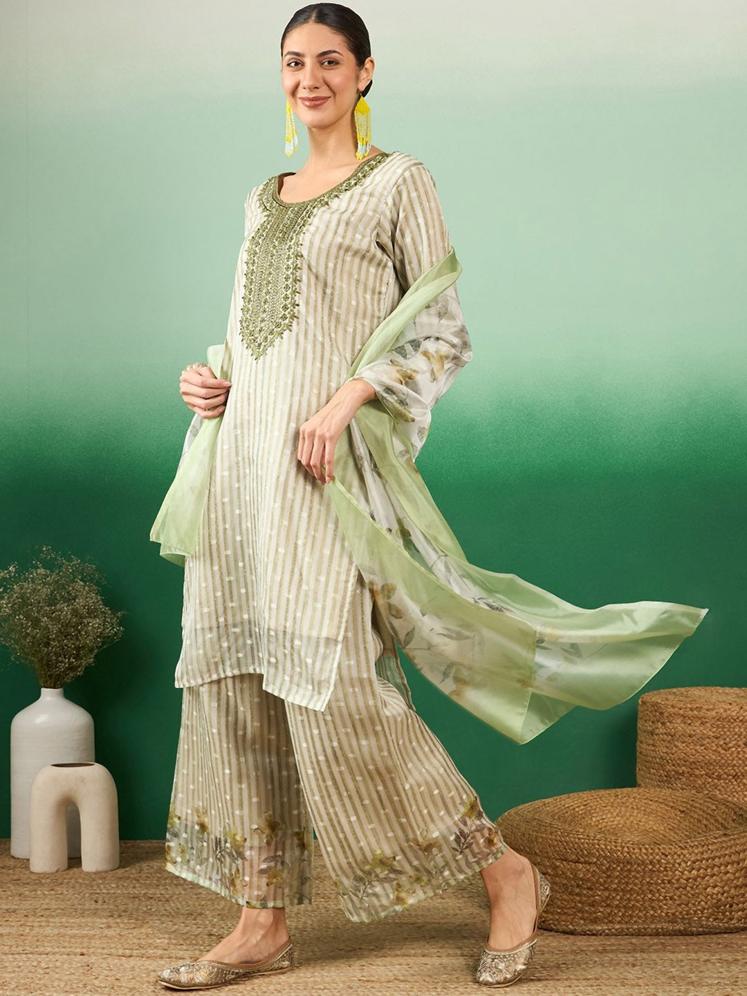 Green Striped Beads & Stones Organza Straight Kurta & Palazzos With Dupatta