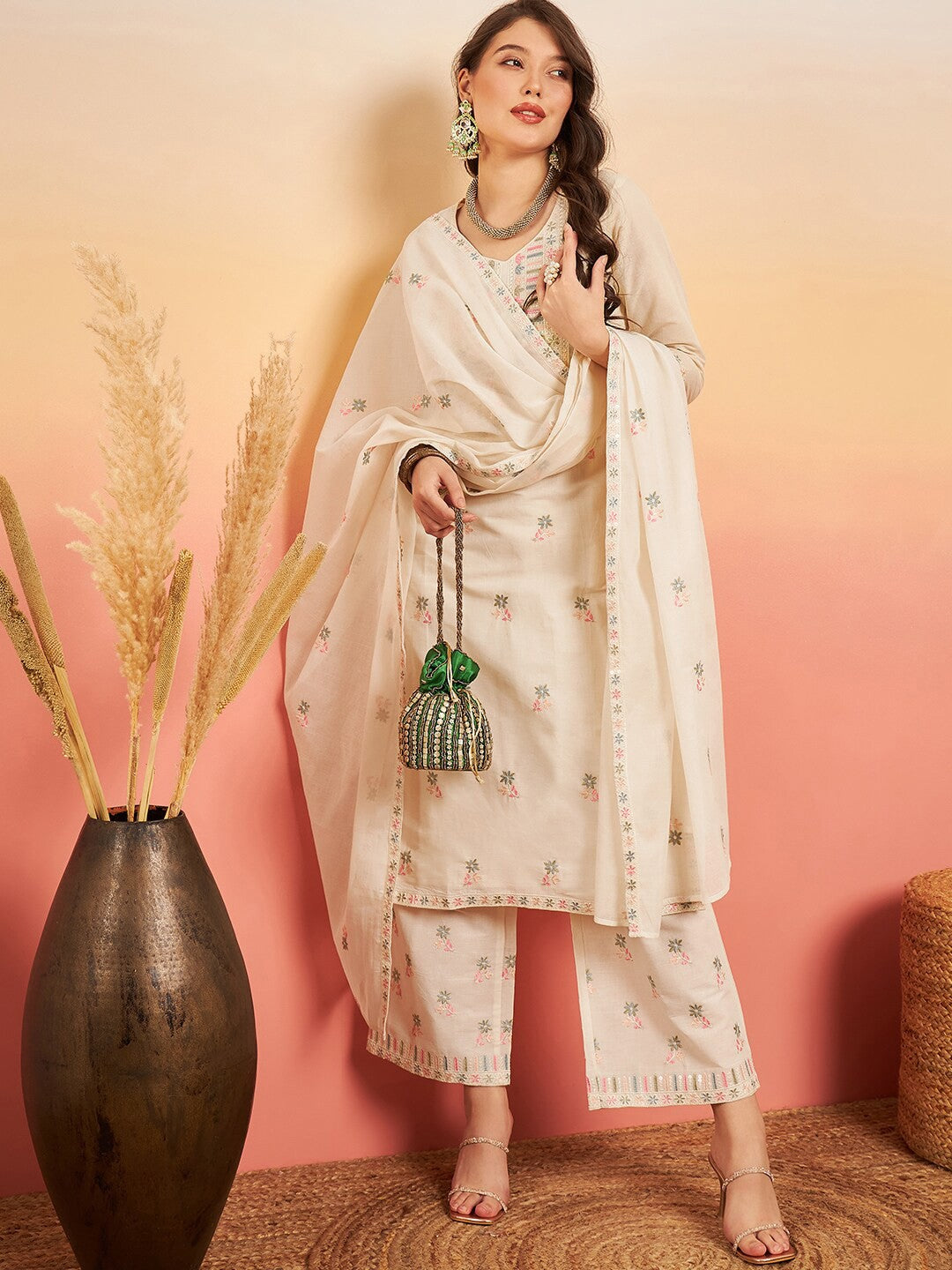 Floral Embroidered Pure Cotton Straight Kurta Set