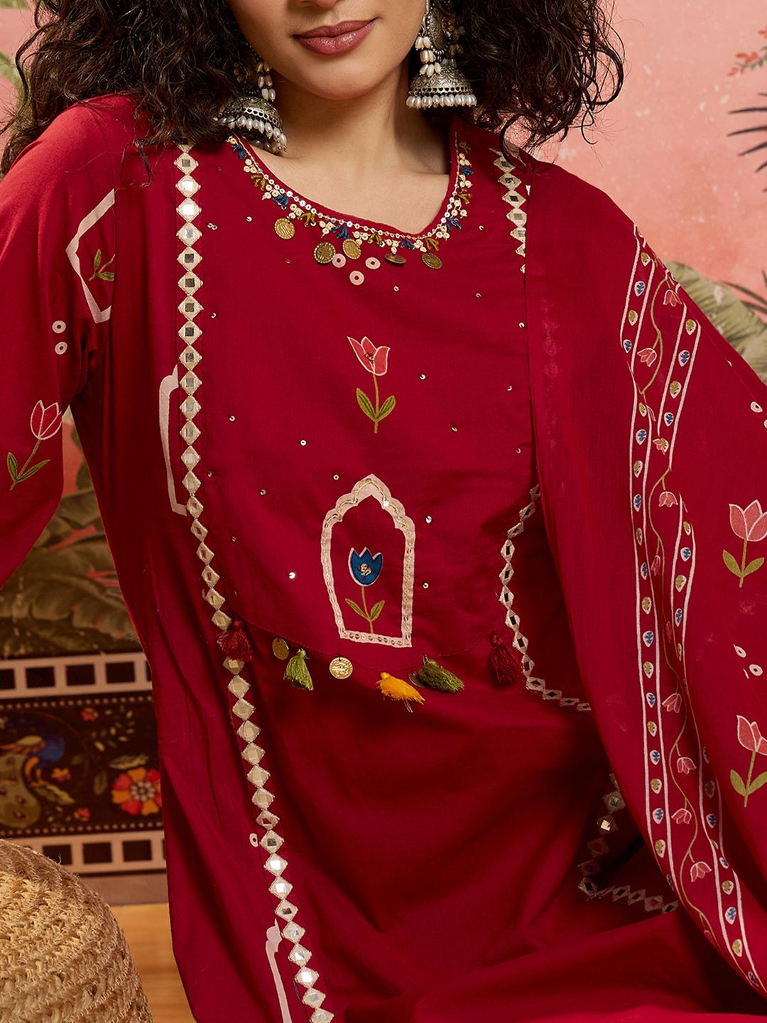 Printed Cotton Round Neck Kurta & Trousers With Dupatta