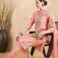 Peach-Coloured Floral Embroidered Regular Sequinned Kurta With Trousers & Dupatta