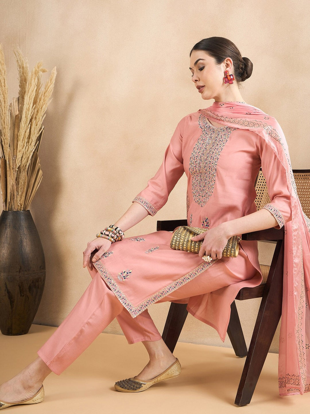 Peach-Coloured Floral Embroidered Regular Sequinned Kurta With Trousers & Dupatta