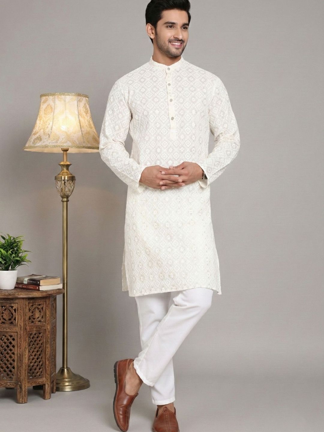 Men Embroidered Regular Sequinned Kurta with Pyjamas