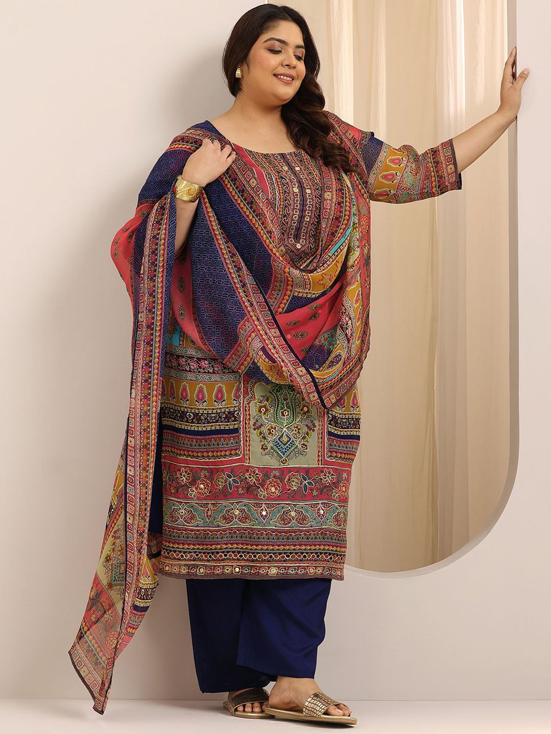 Women Plus Size Ethnic Motifs Printed Kurta with Palazzos & Dupatta