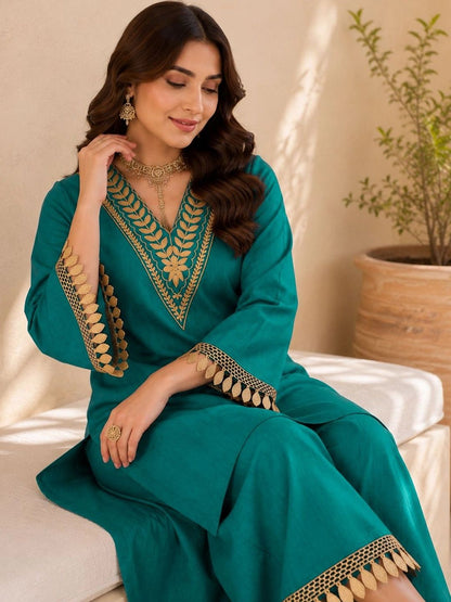 Women Ethnic Motifs Embroidered Regular Gotta Patti Kurta with Palazzos