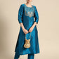 Women Blue & Golden Embroidered Jacquard Kurta with Trousers